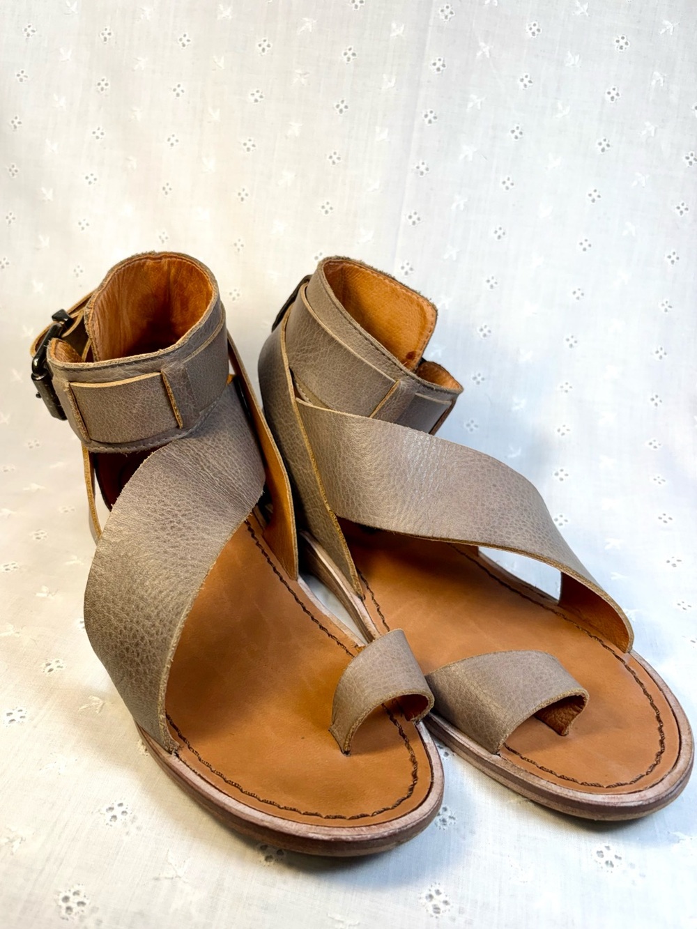 Free People Taupe Strappy Leather Ankle Wrap Sandals